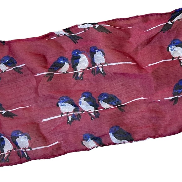 Pair Lightweight Bird Print Scarf, Maroon, Fashion Scarf, Hair Tie, Summer Wrap - Picture 3 of 7